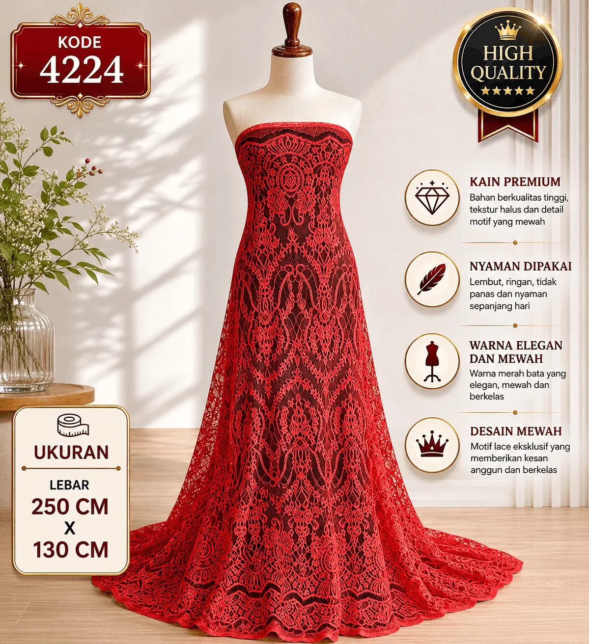 Panel Brukat 2.7 M x 1.5 M KODE 4224 LIGHT GOLD - Brukat 3d Flat Lace GRADE A